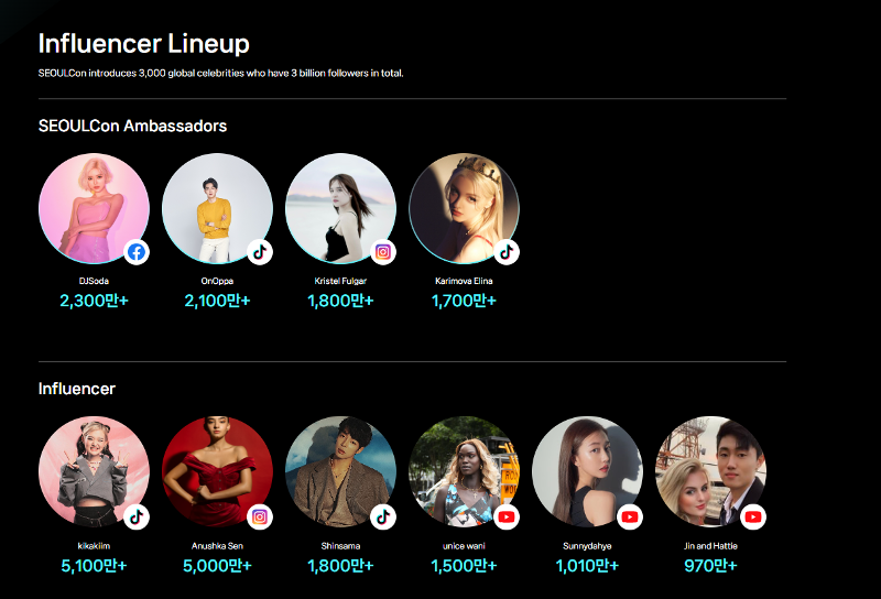  Lista de los embajadores promocionales e influencers de SEOULCon. | Captura de pantalla del sitio web oficial de SEOULCon 