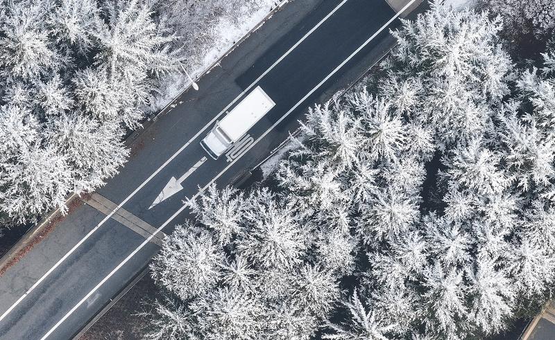 El 3 de enero, un camión de carga atraviesa una carretera rodeada de árboles que parecen copos de nieve debido a la acumulación de la nieve, en el condado de Chilgok-gun, en la provincia de Gyeongsangbuk-do.