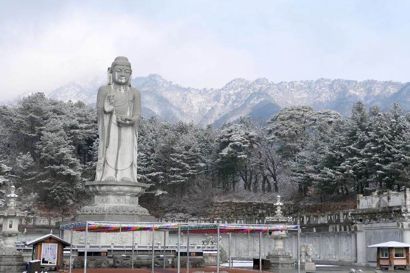 Las laderas del Parque Nacional del Monte Palgonsan se divisan desde la parte trasera de la estatua del Bhaisajyaguru Sutra en el templo Donghwasa, en Daegu.