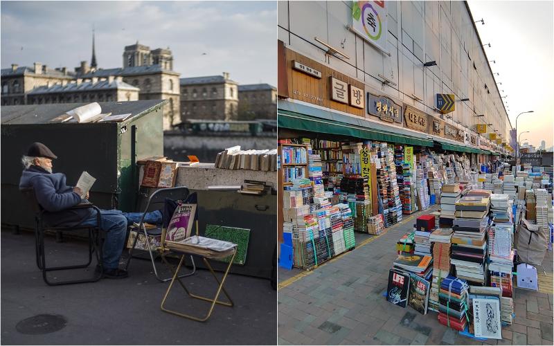 Los 'buquinistas', que aparecieron por primera vez en el siglo XVI y se extendían a lo largo del río Sena en París, Francia, son calles de libros de segunda mano que se venden en cajas verdes que contienen libros usados y antiguos, fotografías y postales. En Corea, las librerías de segunda mano surgieron en forma de puestos en los mercados de las clases bajas tras la Liberación de Corea y la Guerra de Corea. El apogeo de las librerías de segunda mano en Corea llegó en la década de 1970, cuando el país se industrializó. La calle de librerías de segunda mano de Cheonggyecheon es un ejemplo típico. A la izquierda, un puesto de libros usados de un buquinista a orillas del río Sena de París, y a la derecha, la calle de librerías de segunda mano por el arroyo de Cheonggyecheon. | Agencia de Noticias Yonhap, Museo de Cheonggyecheon