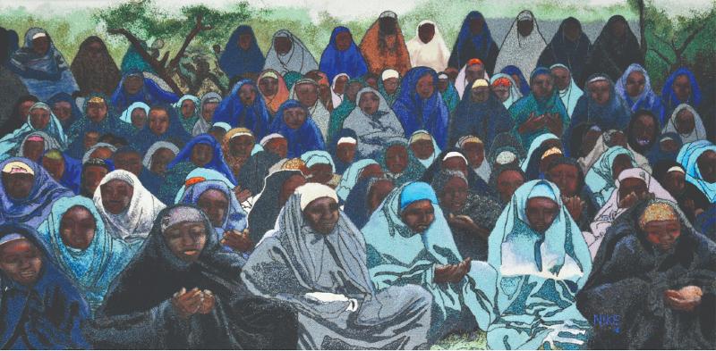 'Chibok Girls', de Nike Okundaye (2016), se inspiró en el secuestro en 2014 de cientos de niñas de un internado de la ciudad nigeriana de Chibok por el grupo terrorista islámico Boko Haram.  | Galería de Arte Nike