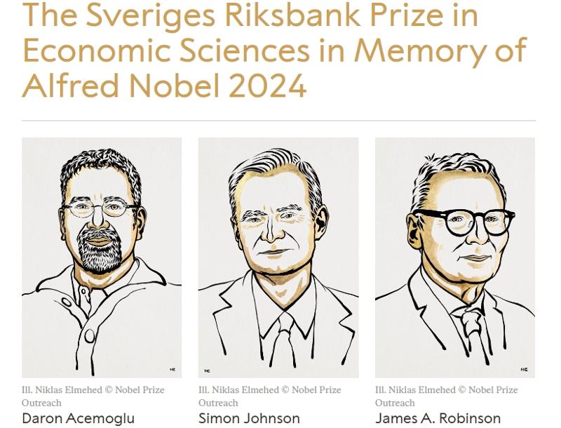 El comité del Nobel de la Real Academia Sueca de las Ciencias anunció el 14 de octubre a los tres economistas estadounidenses como ganadores del Premio Nobel de Ciencias Económicas 'por sus estudios sobre cómo se forman las instituciones y afectan a la prosperidad'. En la foto, de izquierda a derecha, se muestran retratos de Daron Acemoglu y Simon Johnson, profesores del MIT, y James Robinson, profesor de la Universidad de Chicago. | Página web del Premio Nobel