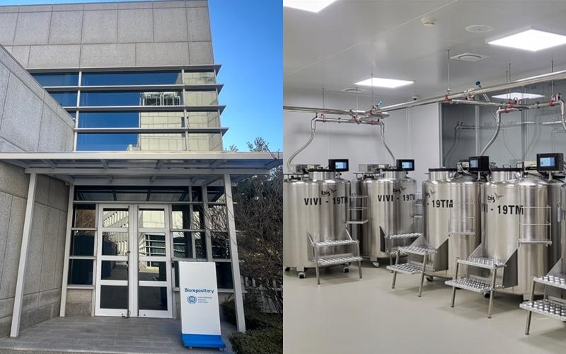 A la izquierda, la entrada al biorrepositorio del Instituto Internacional de Vacunas, con sede en Seúl, centro global de recursos biológicos, y a la derecha, los tanques de nitrógeno líquido en el interior del centro. | Agencia de Control y Prevención de Enfermedades de Corea