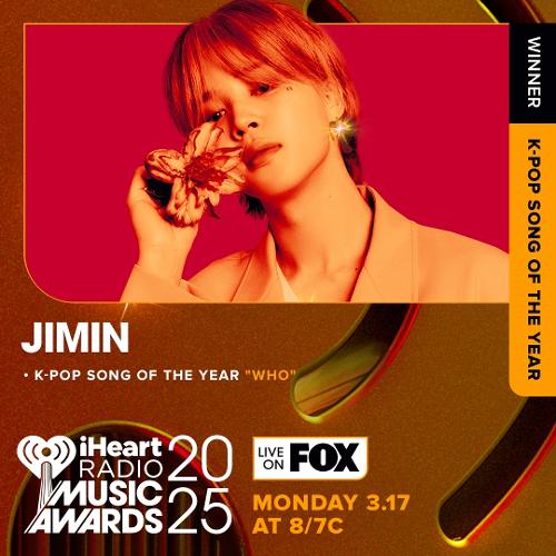 Jimin, miembro del grupo BTS, ganó el premio a la mejor canción de K-pop del año en los iHeartRadio Music Awards 2025 de Estados Unidos. | iHeartRadio Music Awards