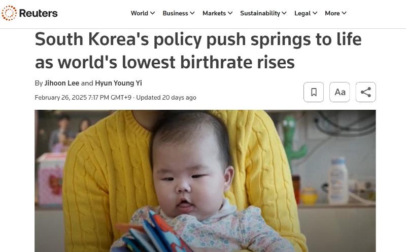Captura de pantalla del artículo de Reuters publicado el 26 de febrero: 'El impulso de Corea del Sur en políticas empieza a dar frutos mientras aumenta la tasa de natalidad más baja del mundo'. | Sitio web oficial de Reuters)