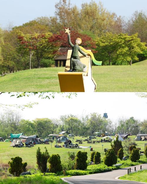 El paisaje del Parque Noeul incluye una estatua del Principito (arriba) y un área de campamento. (Lee Jeongwoo)