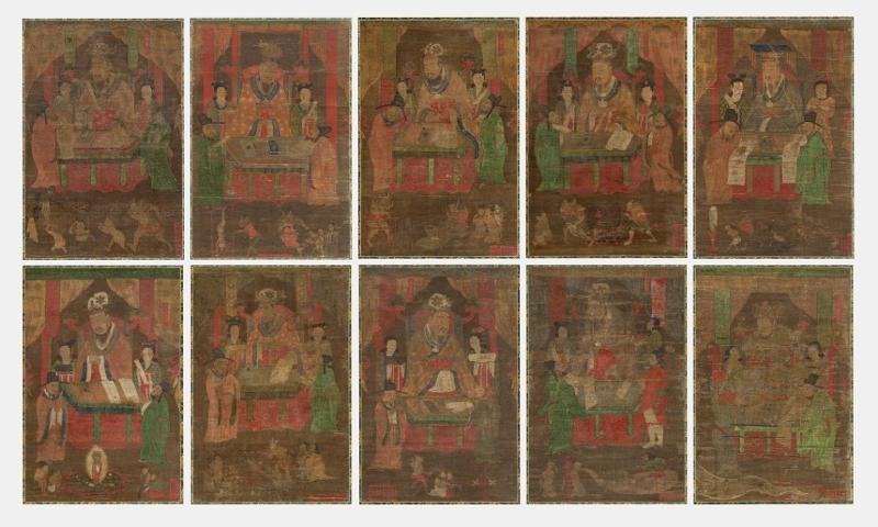 La imagen muestra un conjunto de pinturas budistas sobre los Diez Reyes del Inframundo. Esta es la primera vez que Corea conserva un ejemplar completo de este tipo del período Joseon. 