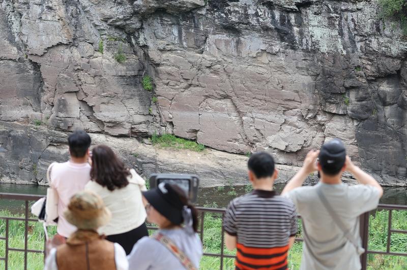 Los visitantes toman fotografías el 13 de julio frente a los petroglifos, o imágenes prehistóricas talladas en roca, a lo largo del arroyo Bangucheon, en el Observatorio de los Petroglifos de Bangudae, ubicado en la aldea de Daegok-ri, condado de Ulju-gun, Ulsan. Los petroglifos de las aldeas de Daegok-ri y Cheonjeon-ri fueron registrados el 12 de julio como Patrimonio Mundial de la Unesco. 