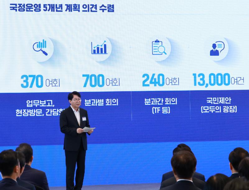 Lee Han-joo, director de la Comité Presidencial para la Planificación de Políticas, explica, el nuevo plan quinquenal de la Administración durante una rueda de prensa, el 13 de agosto, en el antiguo complejo presidencial, Cheong Wa Dae, en el centro de Seúl. | Agencia de Noticias Yonhap