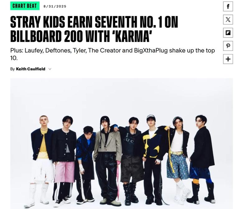 El nuevo álbum del grupo masculino de K-pop Stray Kids, Karma, alcanzó el séptimo nro. 1 en la lista Billboard 200, un récord para el género. | Captura de pantalla del sitio oficial de Billboard