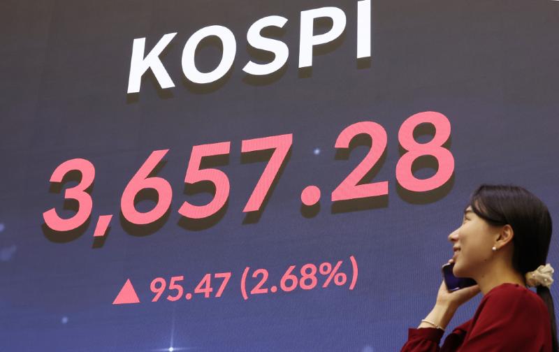 El Índice Compuesto de Precio Bursátil de Corea (KOSPI, según su acrónimo en inglés) se muestra en la tarde del 15 de octubre, tras alcanzar un nuevo máximo histórico en el tablero de la Bolsa de Corea, en el distrito de Yeongdeungpo-gu, Seúl. El índice cerró en 3.657,28 puntos, con un aumento de 95,47 puntos (2,68 por ciento) respecto al día anterior. | Agencia de Noticias Yonhap