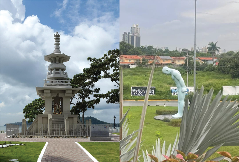 PLa pgoda Dabotap, para conmemorar los 50 años de relaciones diplomáticas (izquierda) en el Causeway de Amador y la escultura “Greetingman” por el escultor Young-ho Yoo que simboliza un mensaje de unidad (derecha) en Costa del Este| Korea Fans Panama y Ana Mabel Miranda  