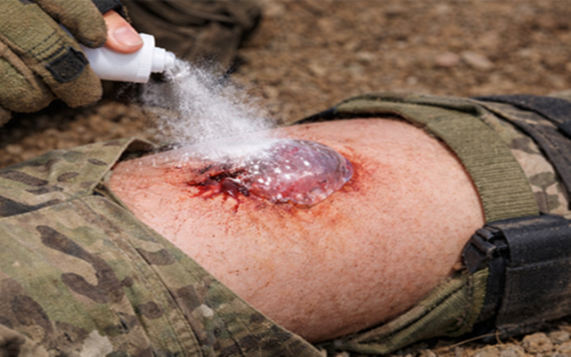 Un equipo de investigación del Instituto Avanzado de Ciencia y Tecnología de Corea (KAIST) ha desarrollado un agente hemostático en polvo capaz de detener el sangrado de una herida en un segundo. En la imagen se muestra una representación virtual del agente. | KAIST