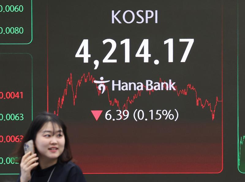 Un tablero electrónico en la sala de operaciones del banco Hana Bank, en el distrito de Jung-gu ,en Seúl, muestra que el Índice Compuesto de Precio Bursátil de Corea (KOSPI) cerró en 4.214,17 punto el 30 de diciembre, el último día de operaciones del año.
