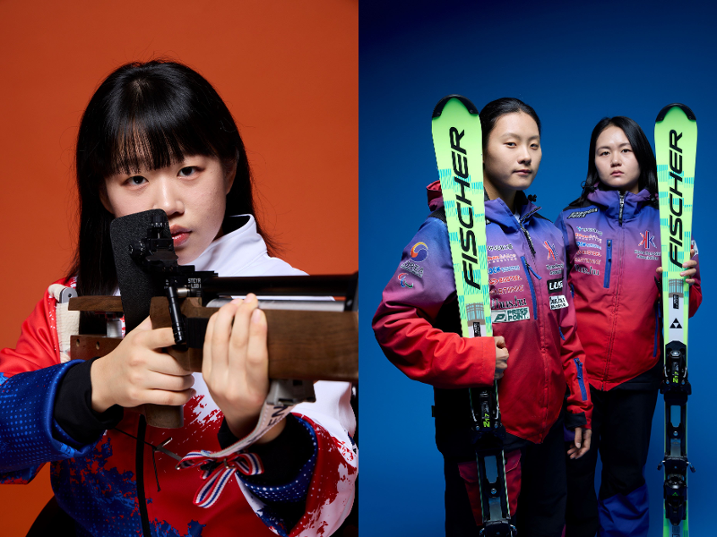 La foto muestra a la esquiadora nórdica Kim Yunji (izda.), la esquiadora alpina Choi Sara (centro) y su guía Eo Eun-mi. | Comité Paralímpico de Corea
