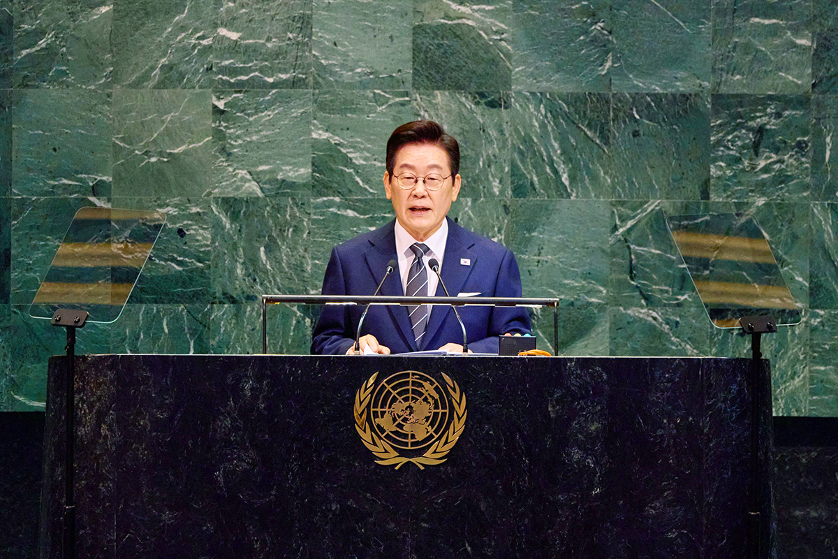 El presidente coreano Lee Jae Myung ofrece un discurso de apertura durante el 80º período de sesiones de la Asamblea General de las Naciones Unidas, celebrado el 24 de septiembre de 2025, en la Sede de la ONU en Nueva York, EE. UU. | Cheong Wa Dae 