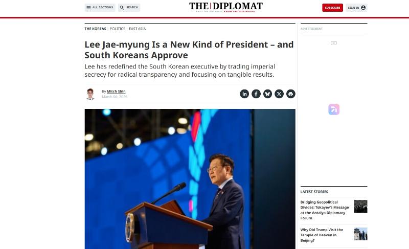La foto muestra el artículo sobre el presidente coreano Lee Jae Myung, publicado el 6 de marzo por la revista especializada en relaciones internacionales 'The Diplomat'. | Captura del sitio web oficial de The Diplomat
